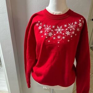 Vintage Red Morning Sun Christmas Sweater with Snowflakes Size Medium 90s